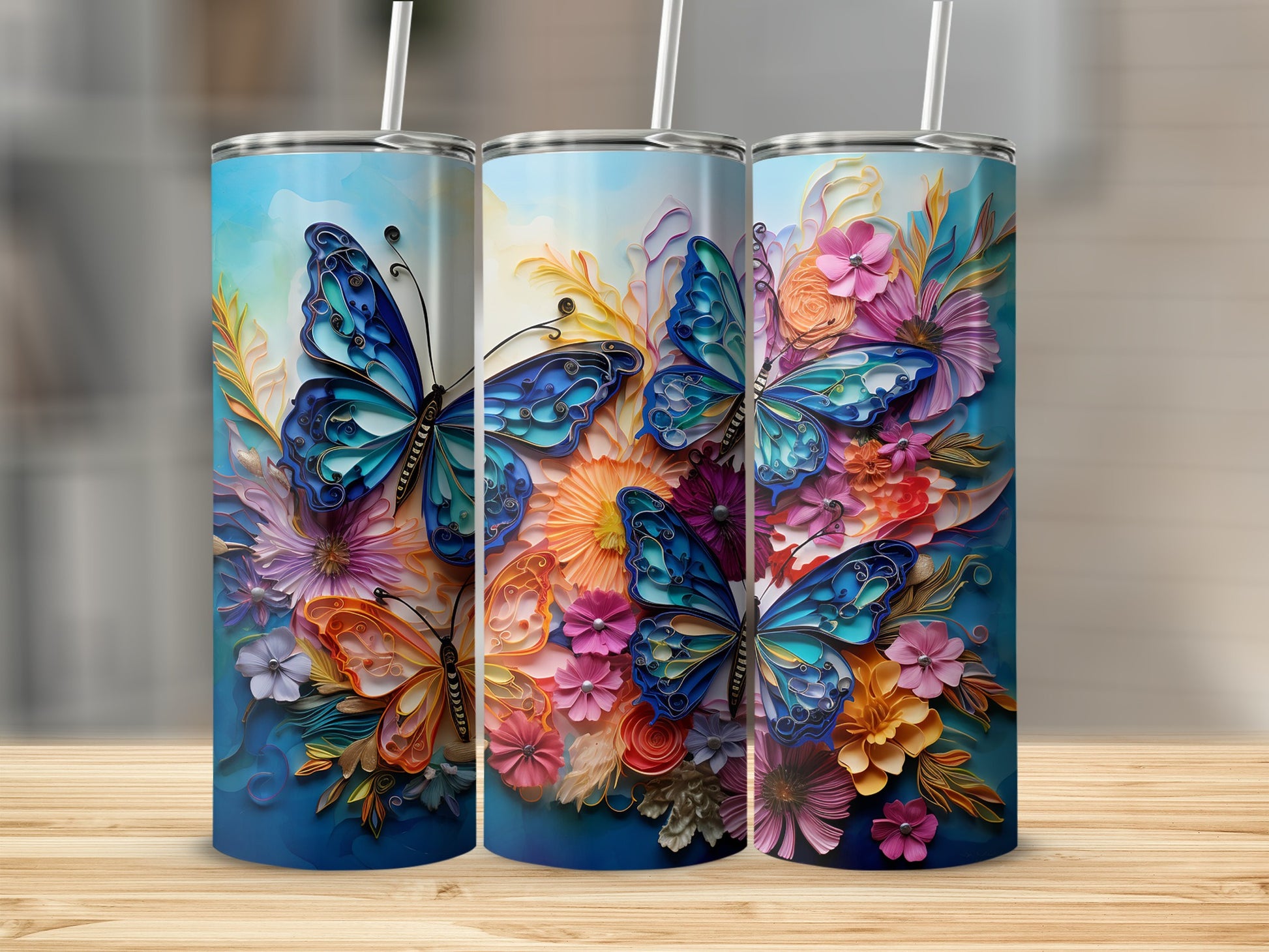 Colorful Butterfly and Flower Design Insulated Tumbler