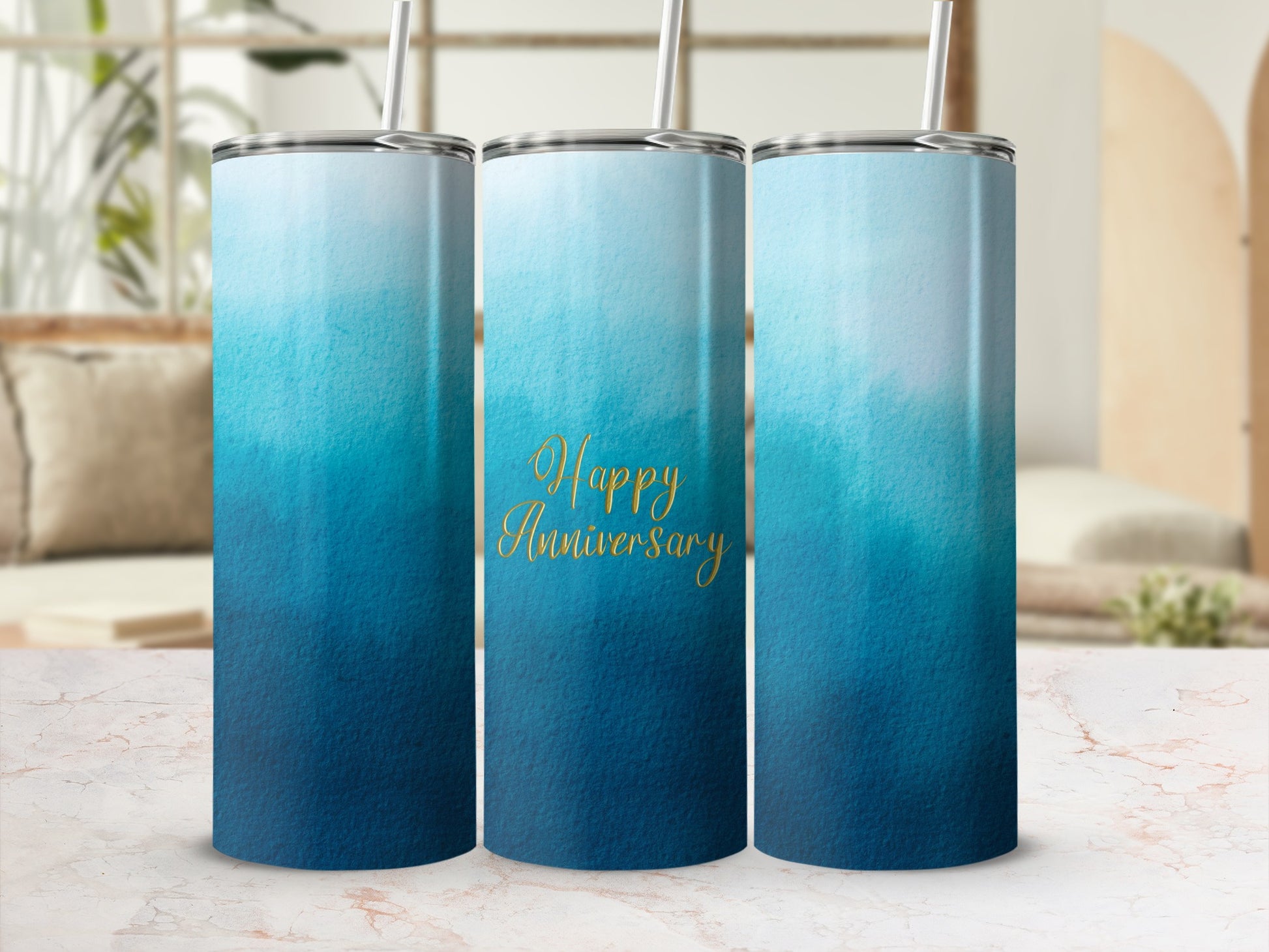 Blue ombre watercolor tumbler with "Happy Anniversary" in gold script.