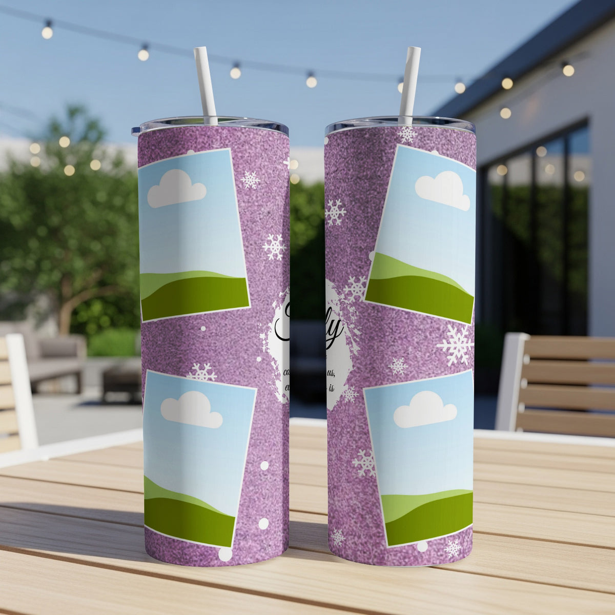 Two purple glitter tumblers with custom photo slots, snowflakes, and text.