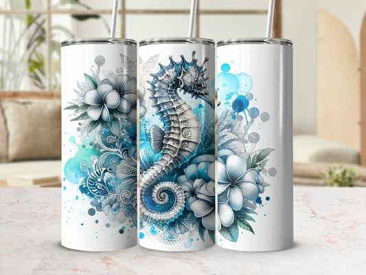 Three tumblers with a seahorse and floral watercolor design.