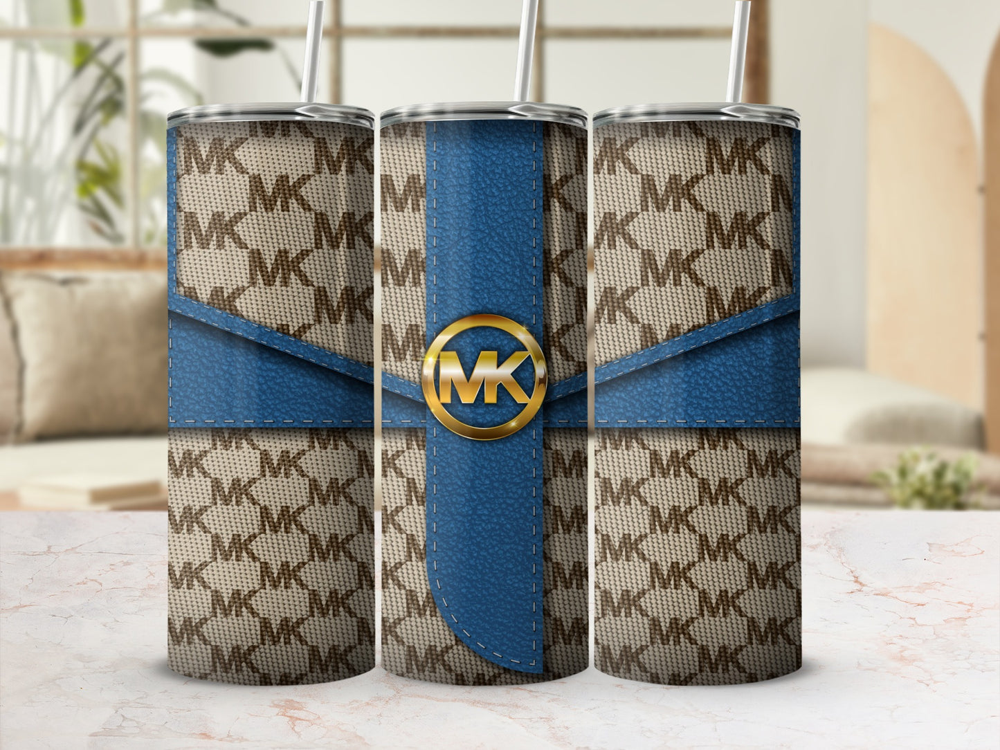 Stylish MK Blue and Beige Patterned Tumbler