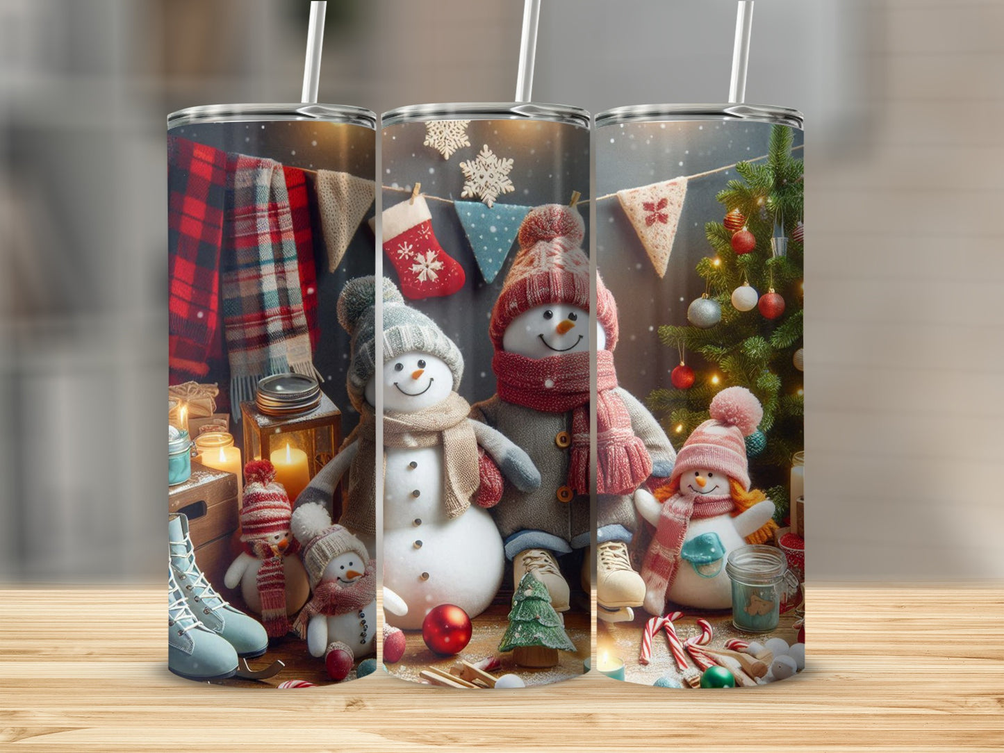 Three snowmen with hats and scarves, winter scene with Christmas tree.
