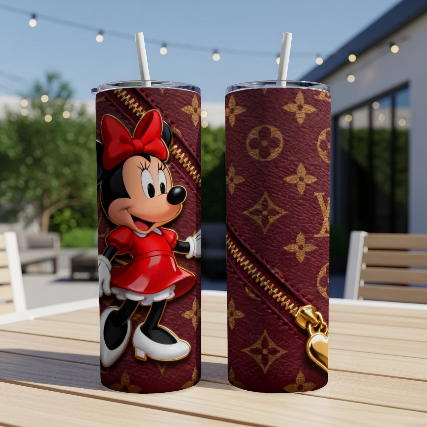 Minnie Mouse in red dress on LV patterned tumbler with gold zipper.