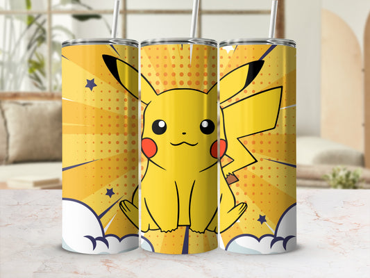 Pikachu Inspired Yellow Tumbler with Stars and Clouds