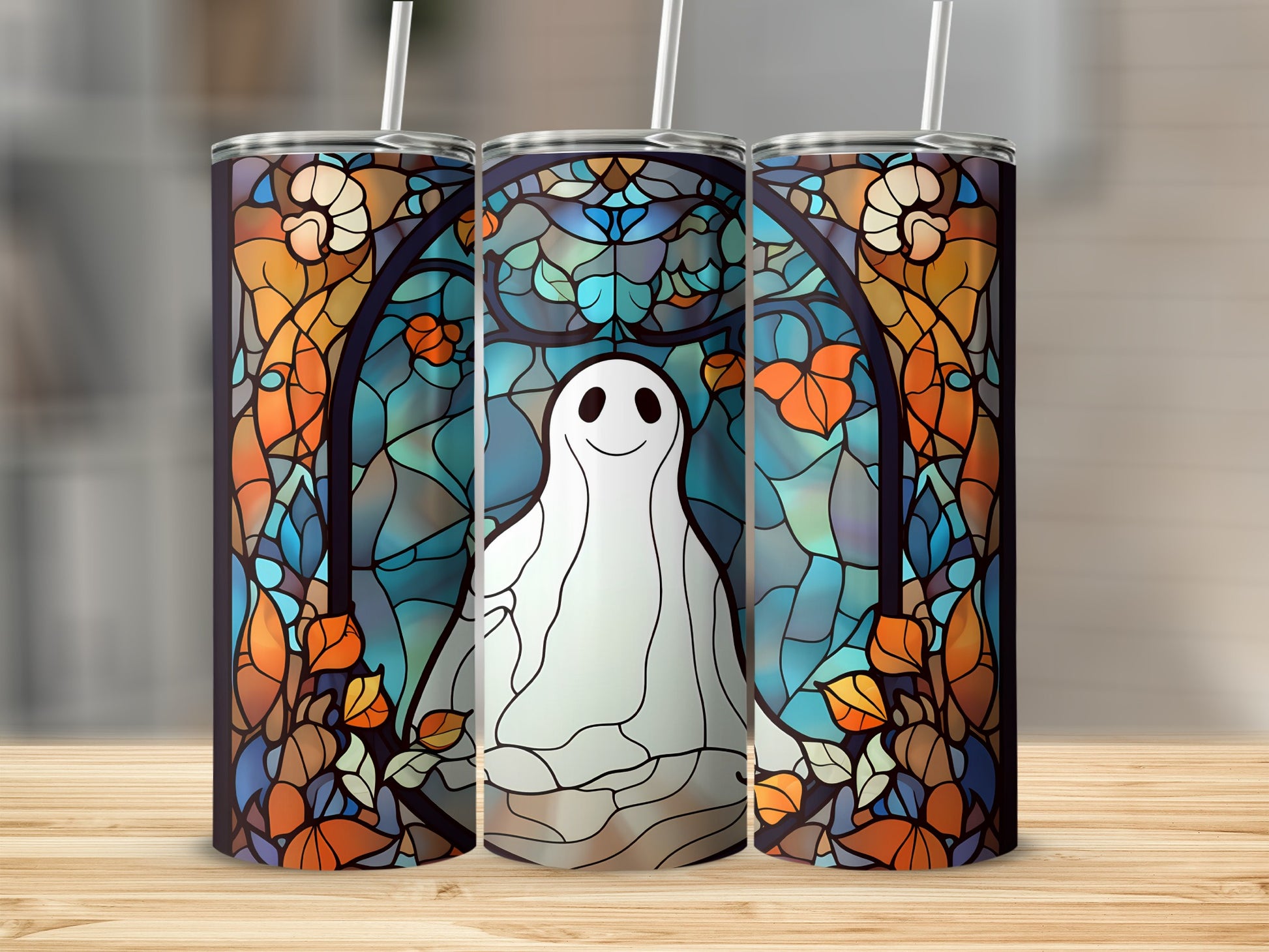 Ghost in stained glass tumbler with autumn leaves design.