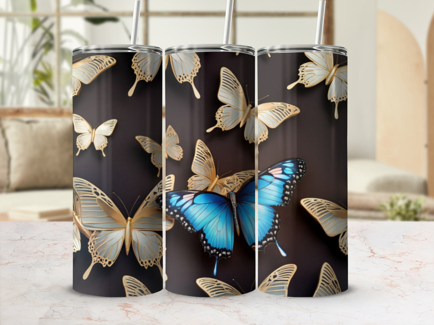 Gold and blue butterflies on a dark background.