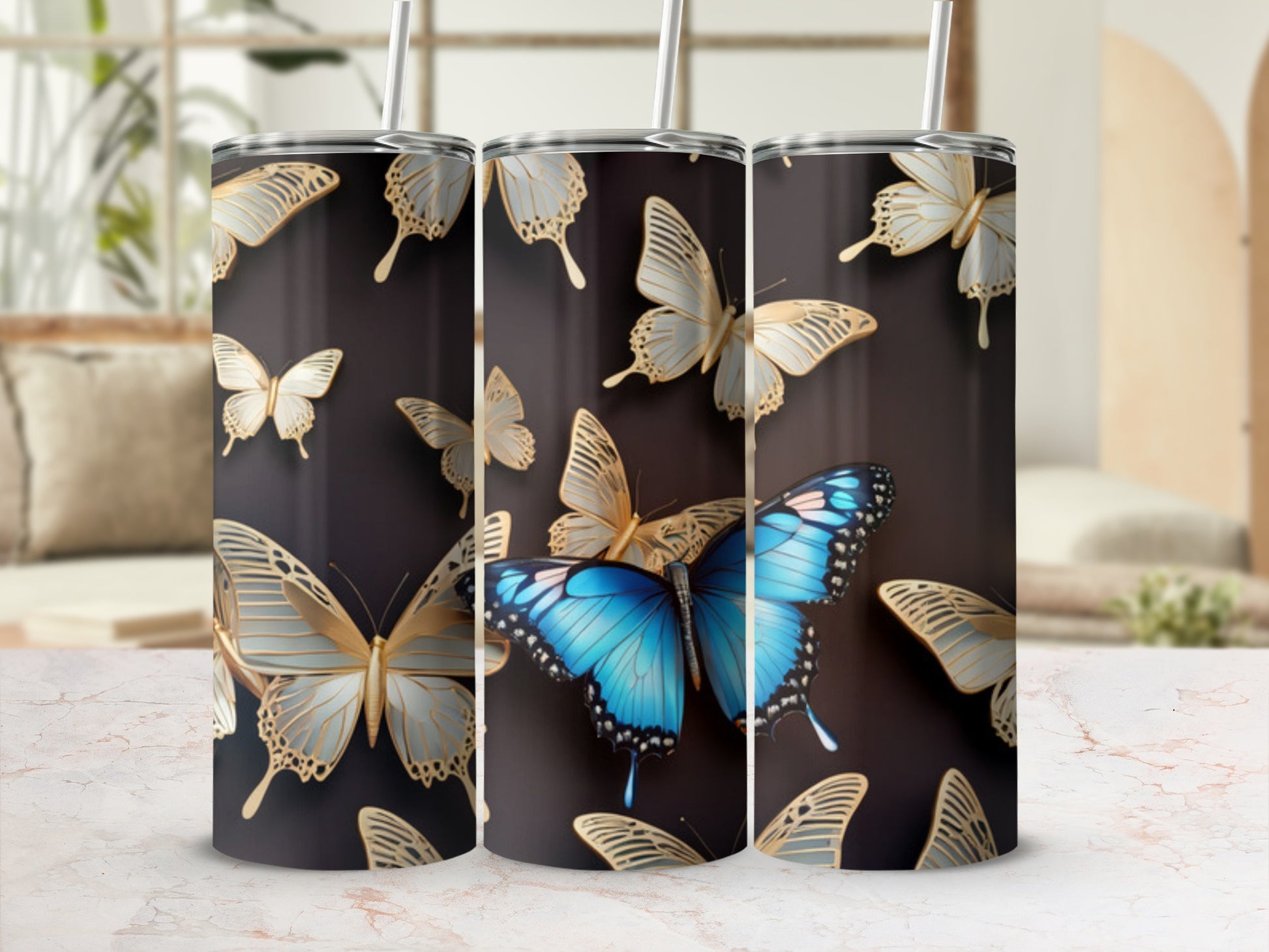 Gold and blue butterflies on a dark background.