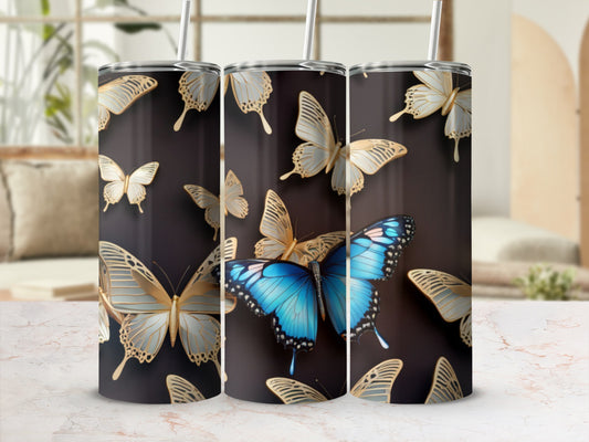 Gold and blue butterflies on a dark background.