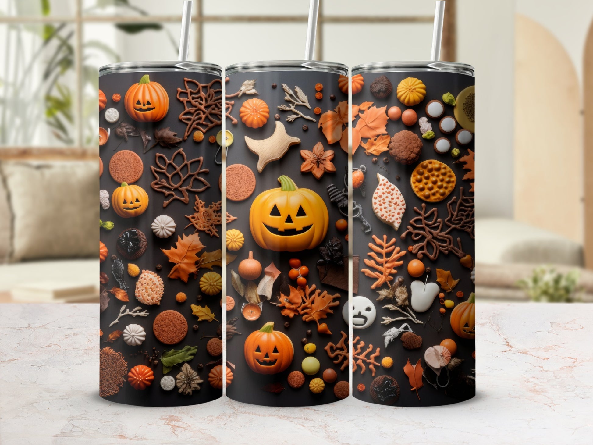 Tumbler with Halloween-themed pumpkins, leaves, ghosts, and cookies on black background.