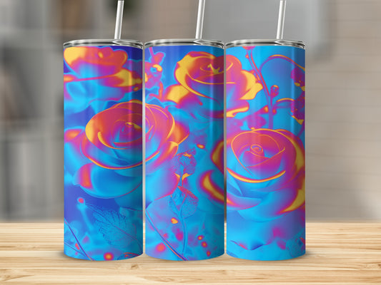 Three tumblers with abstract floral rose pattern in neon blue, pink, and yellow.