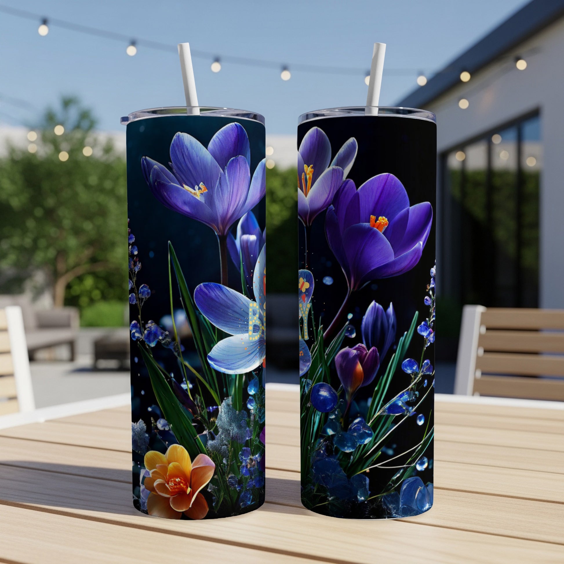 Two tall tumblers featuring purple crocuses and blue water droplets on a dark background.