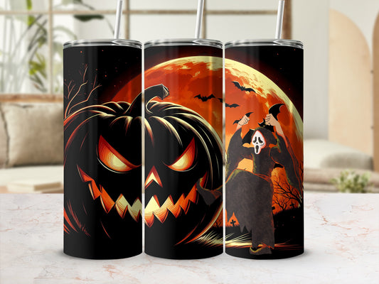 Halloween tumblers with a jack-o'-lantern, ghost, and bats against a full moon.