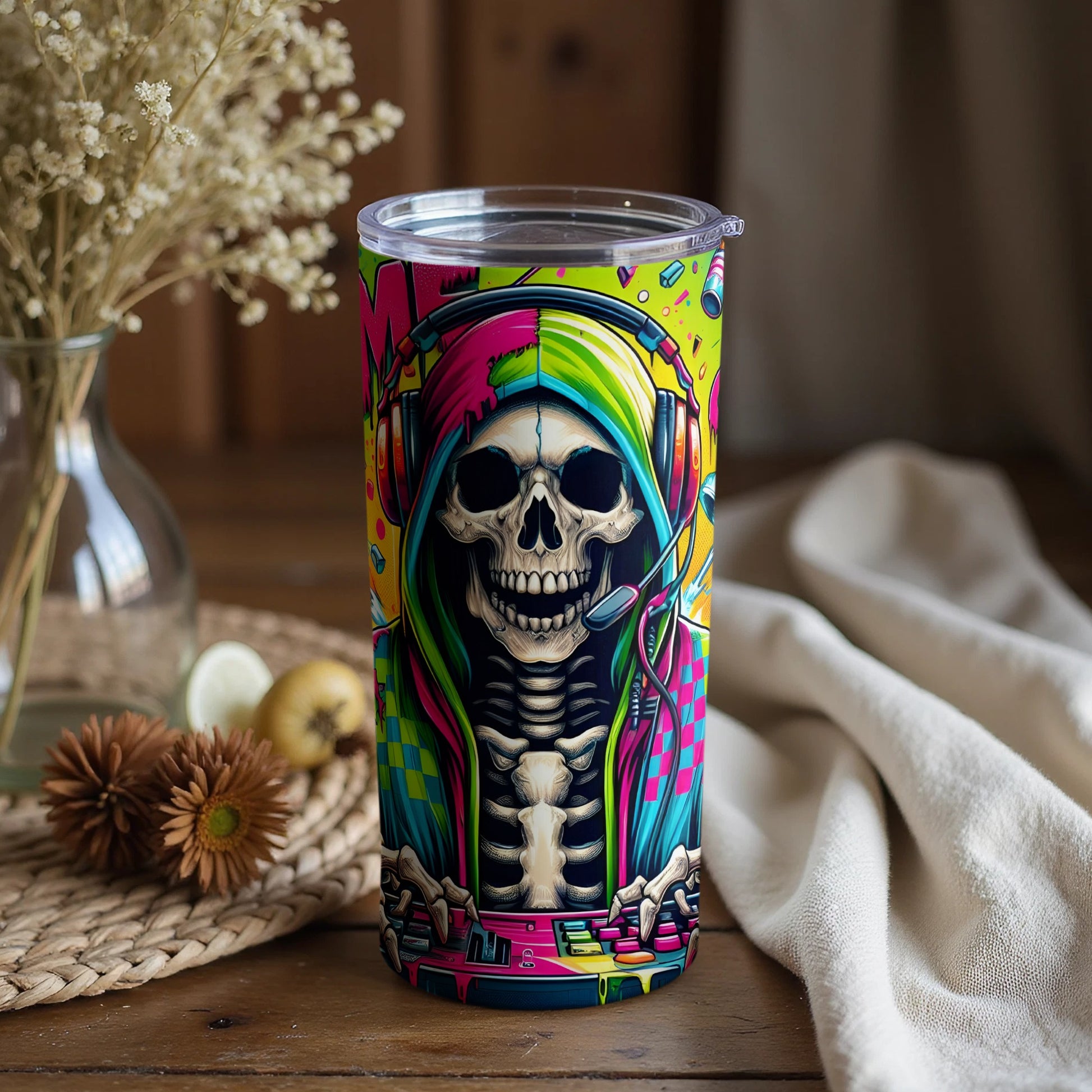 Colorful DJ Skeleton Art Insulated Travel Tumbler