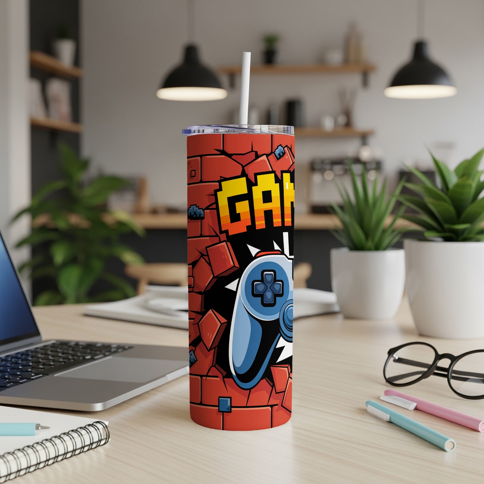 Red brick tumbler with "GAMING" text and video game controller design.