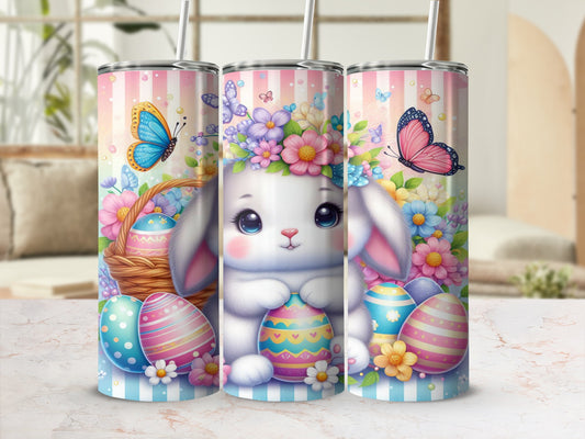Cute Easter bunny with colorful eggs and flowers, digital art.