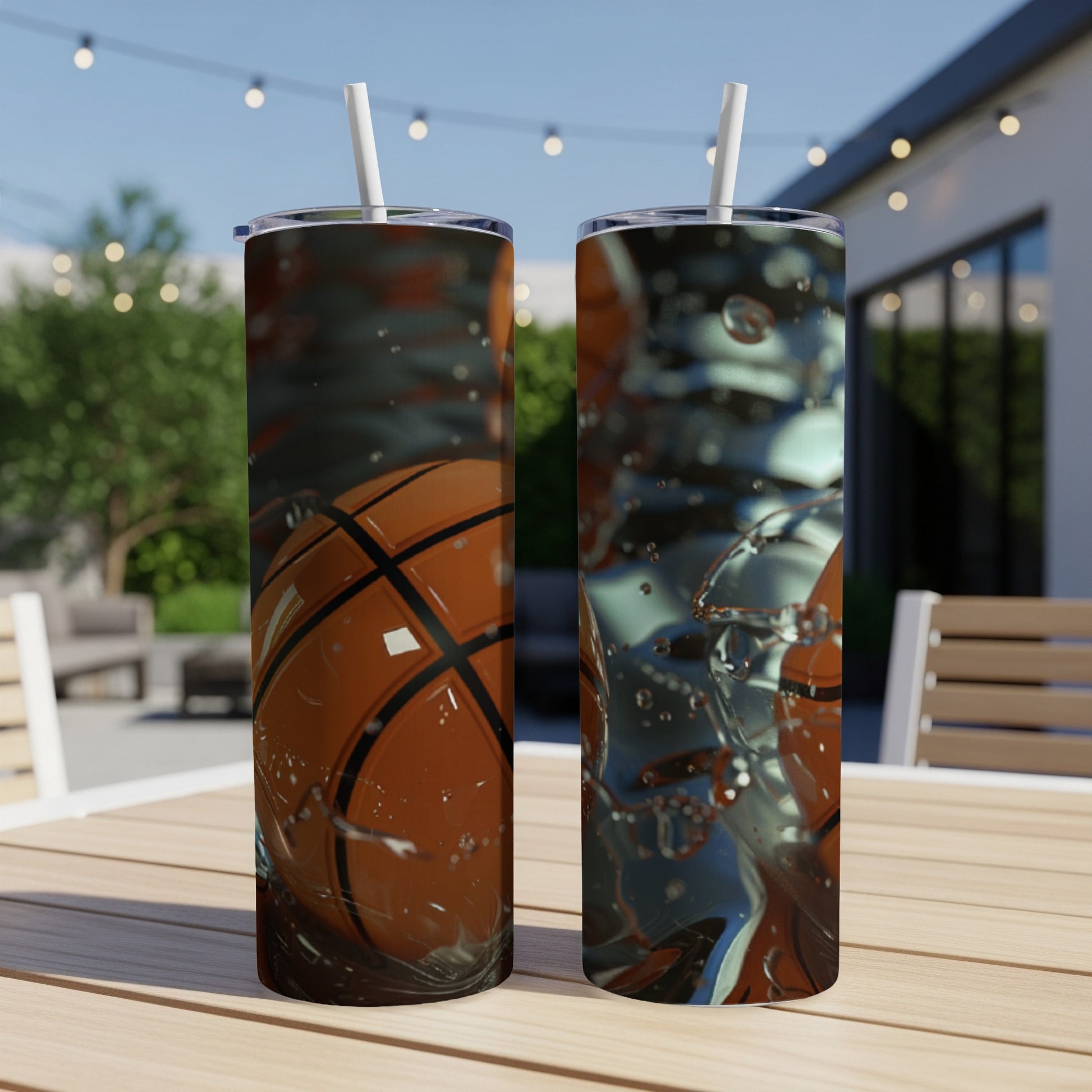 Two tumblers with basketballs and water splashing.
