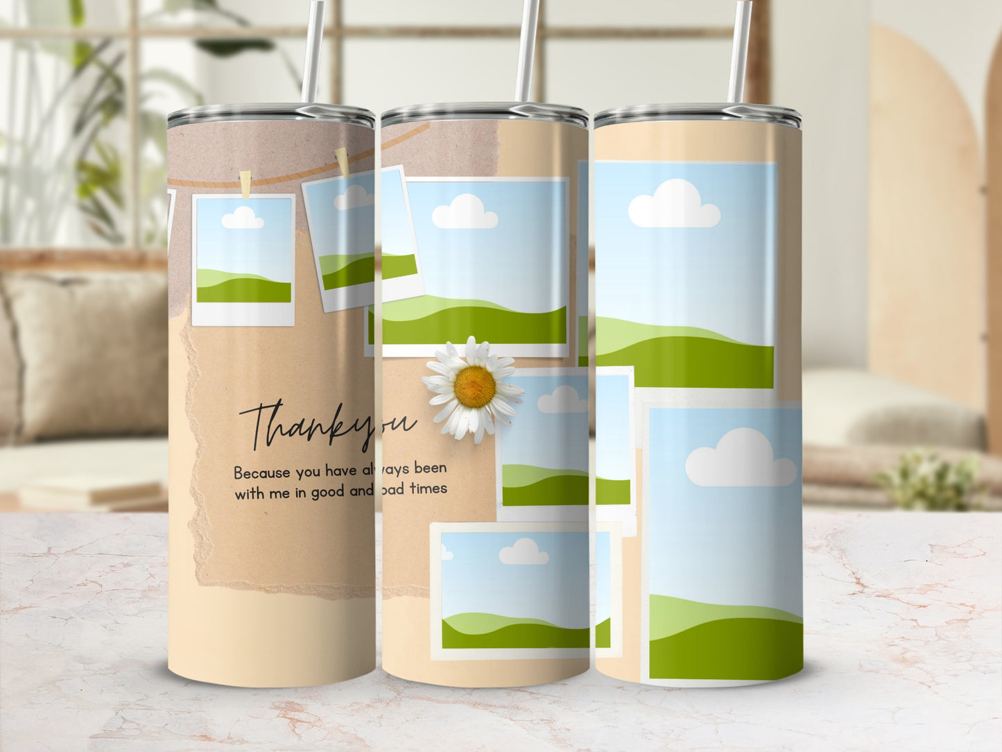 Tumbler with "Thank you" message and photo collage of landscapes.