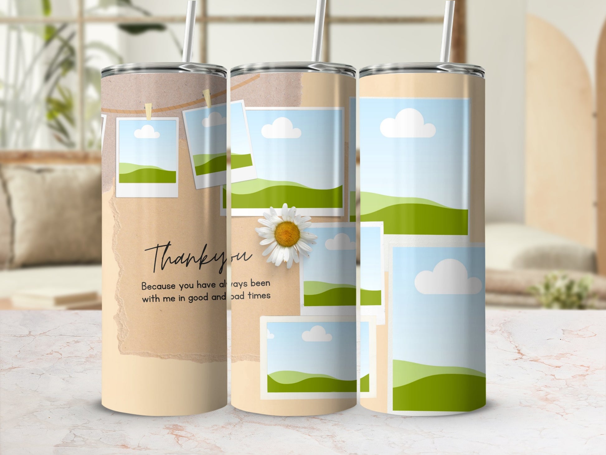 Tumbler with "Thank you" message and photo collage of landscapes.