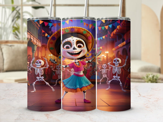 Day of the Dead tumbler with animated skeleton and colorful dancer.