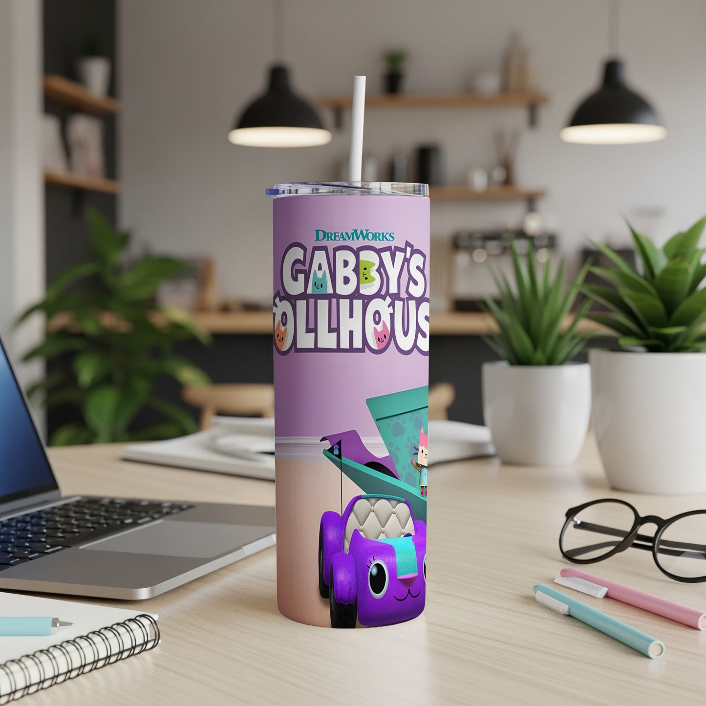 Gabby's Dollhouse purple tumbler with Gabby and Pandy.