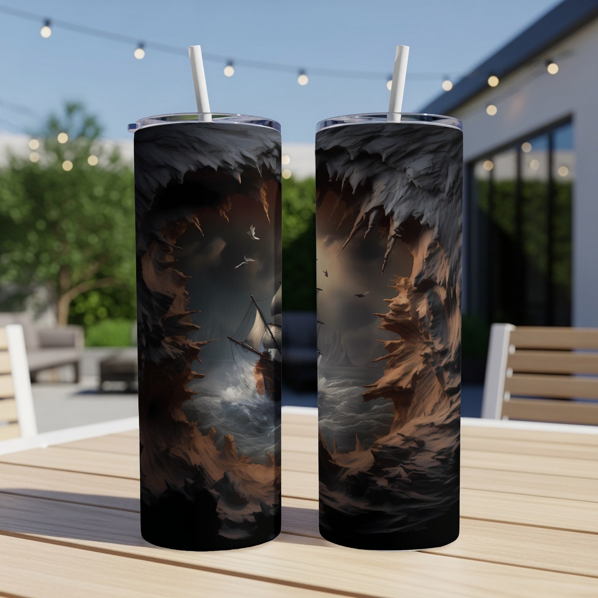 Two tumblers with dramatic ship in stormy seas artwork.