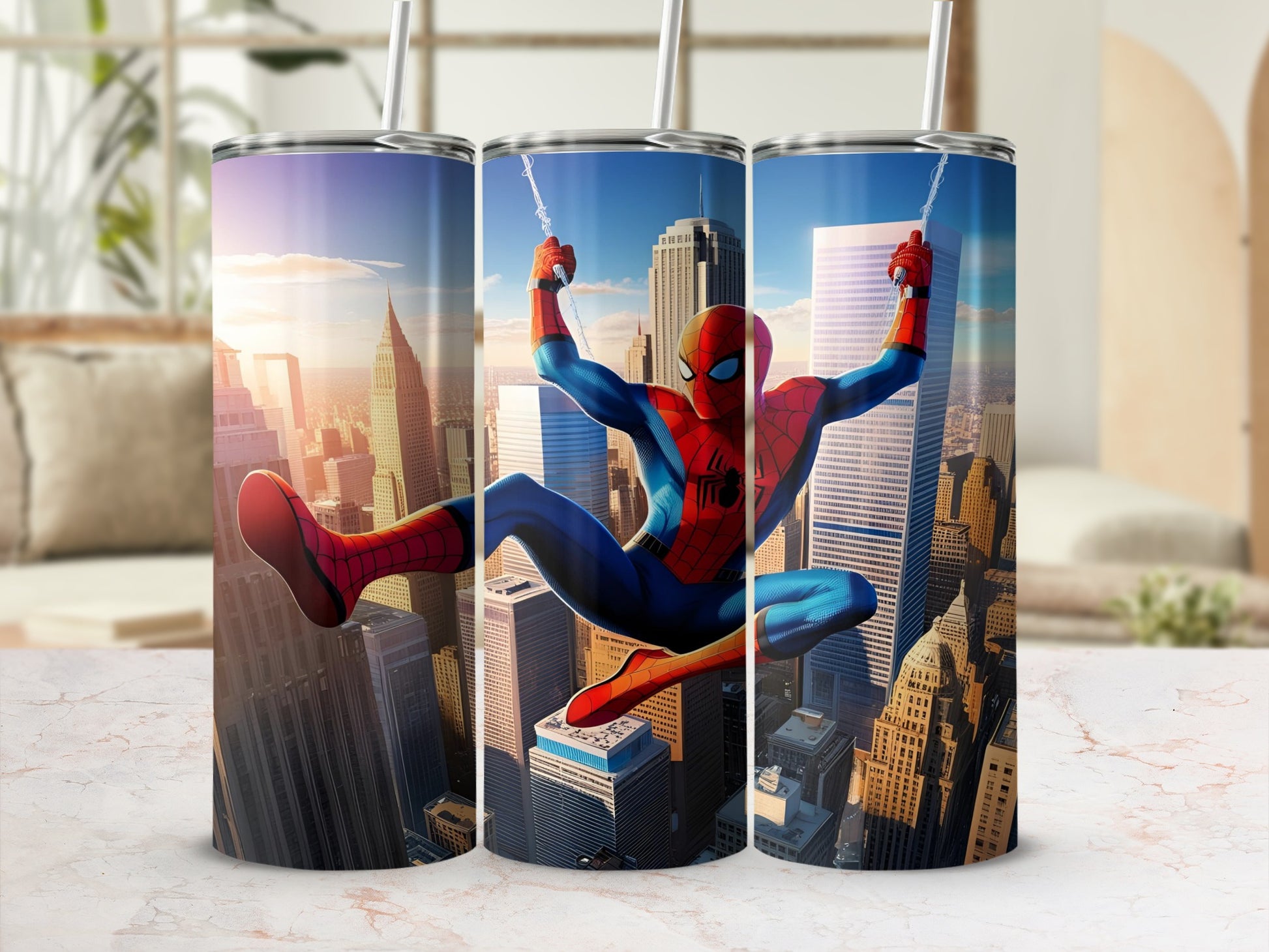 Spiderman swinging between skyscrapers on a city background.
