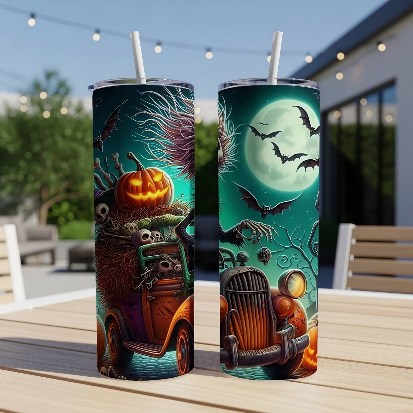 Two tumblers with Halloween designs featuring pumpkins, skulls, bats, and a vintage car.