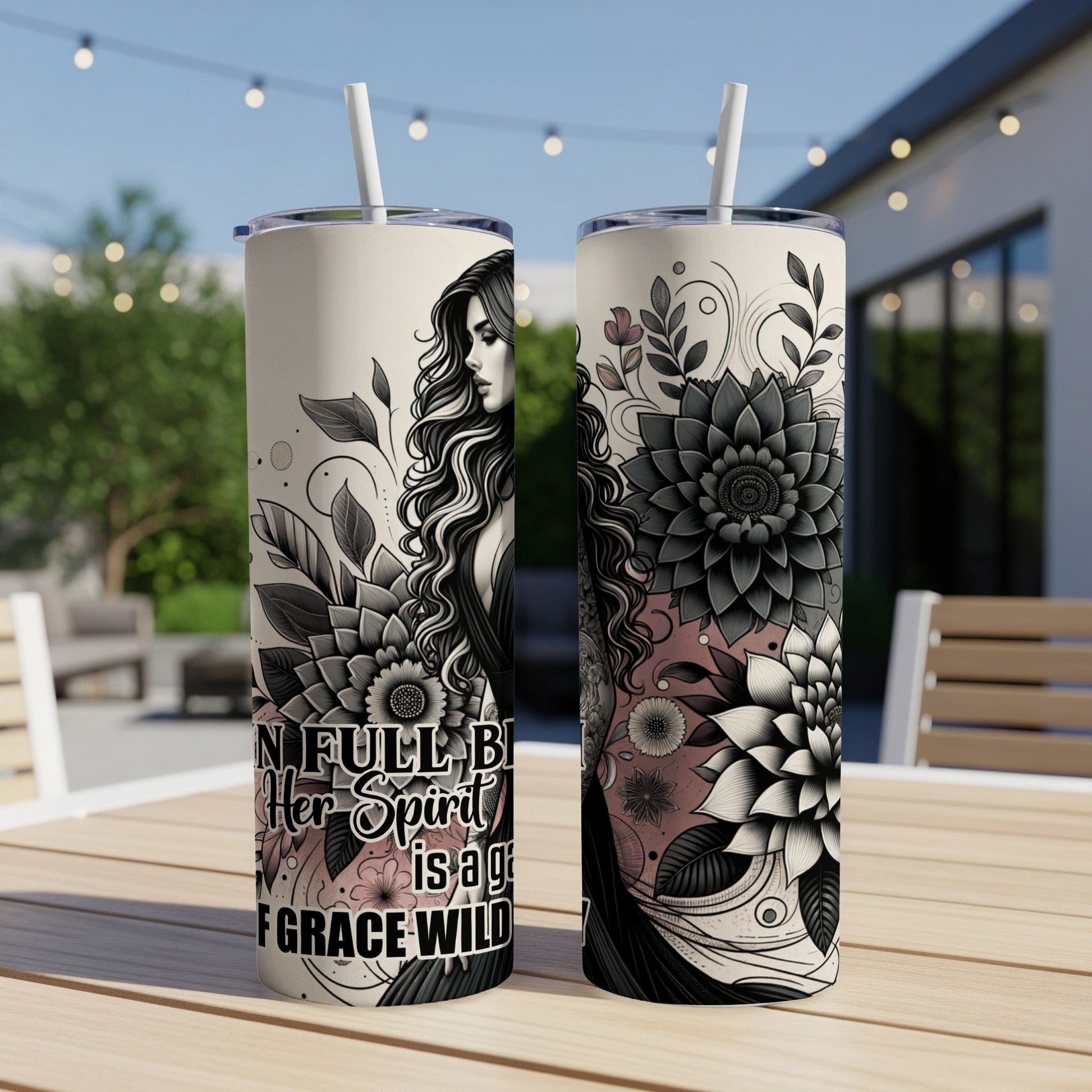 Two tumblers featuring a woman with long hair and floral designs.