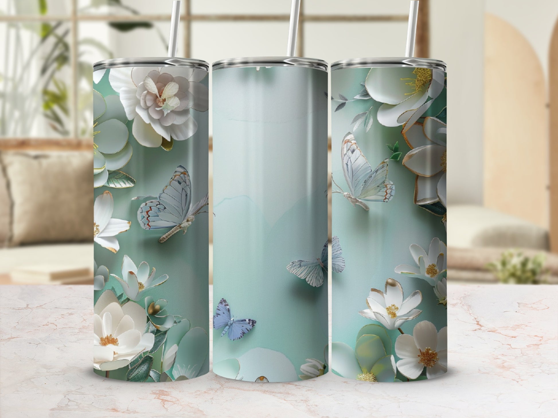 White and blue butterflies with floral accents on a light blue gradient tumbler.