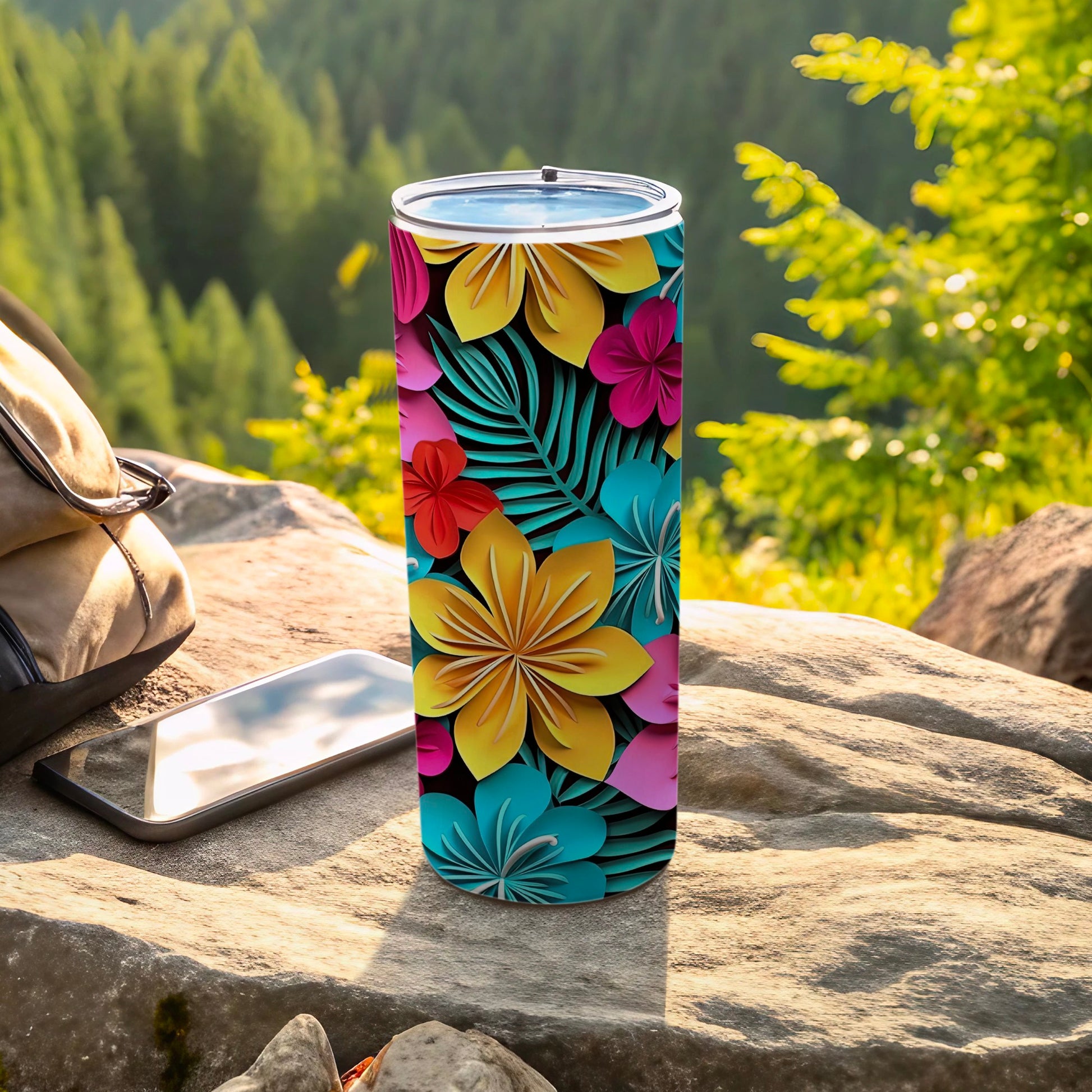 Bright Floral Design Tall Tumbler for Outdoor Use