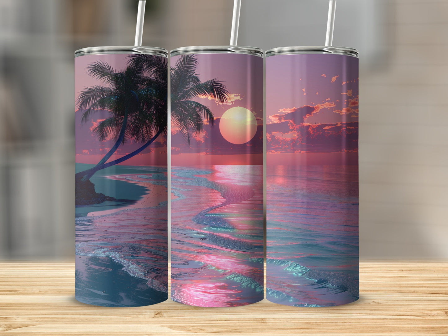 Three tumblers display a serene beach sunset with a palm tree and gentle waves.