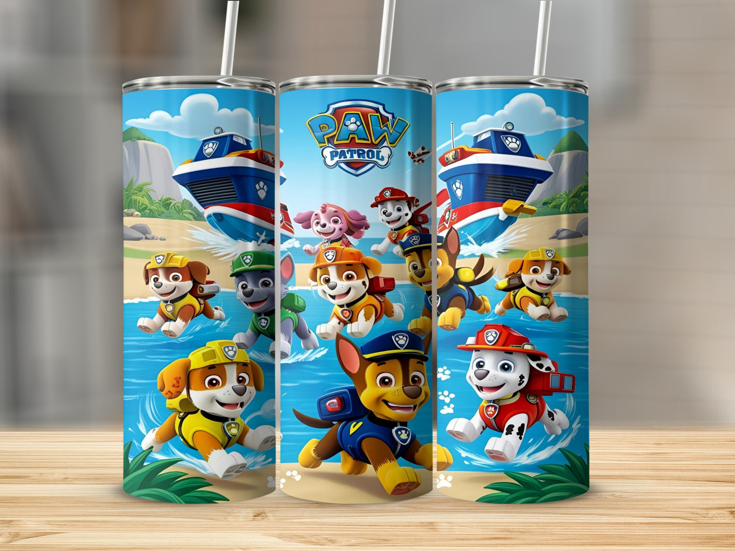Paw Patrol characters on a tumbler with a nautical background.