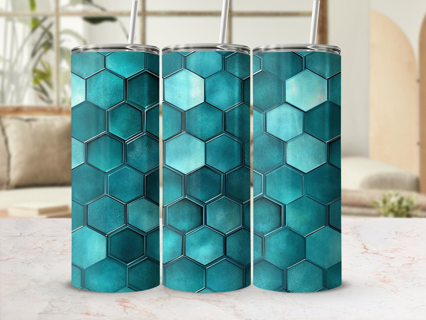 Textured Turquoise Hexagons Decorative Pattern Tumblers