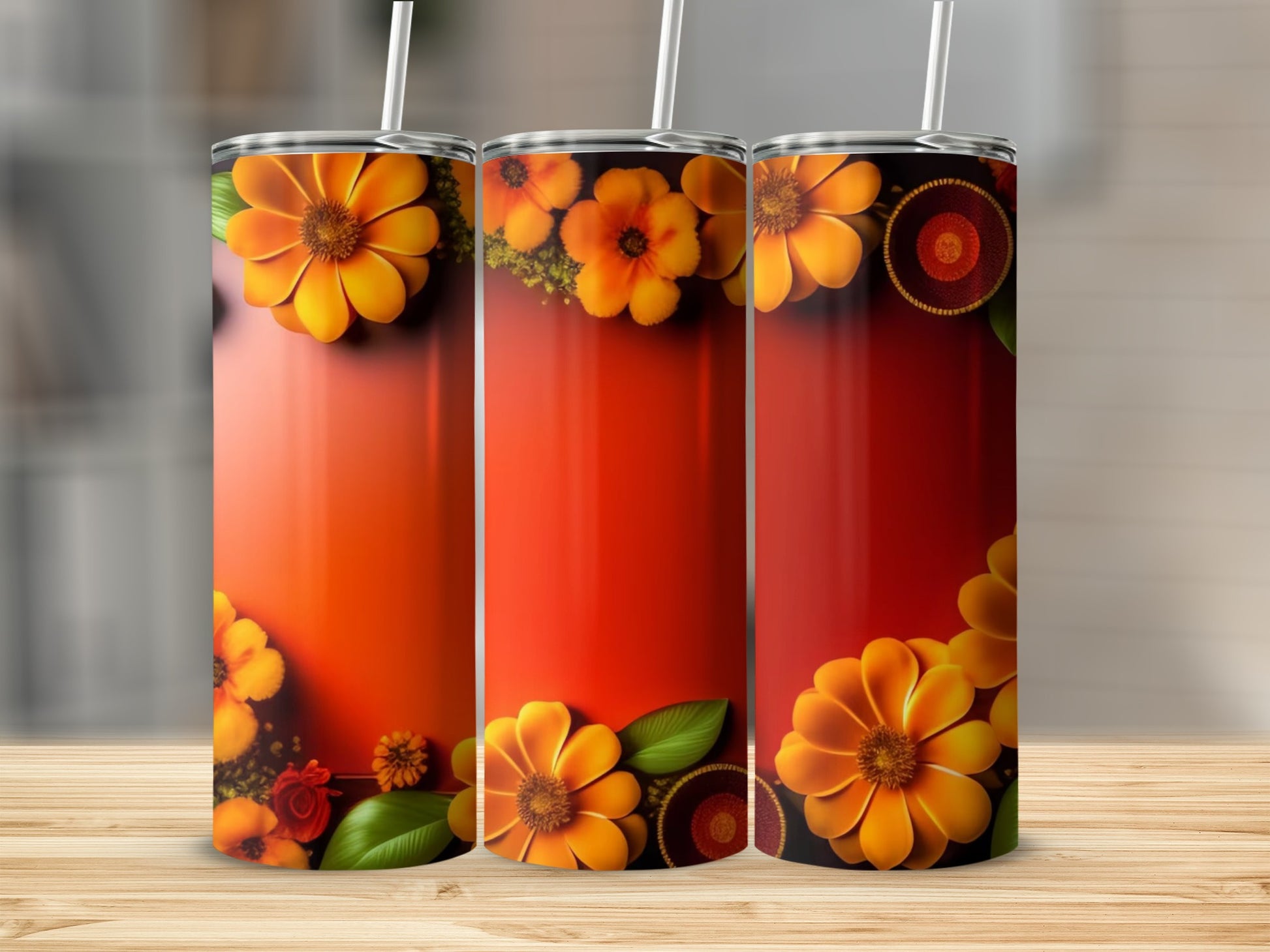 Floral Red and Orange Gradient Drinkware Tumblers