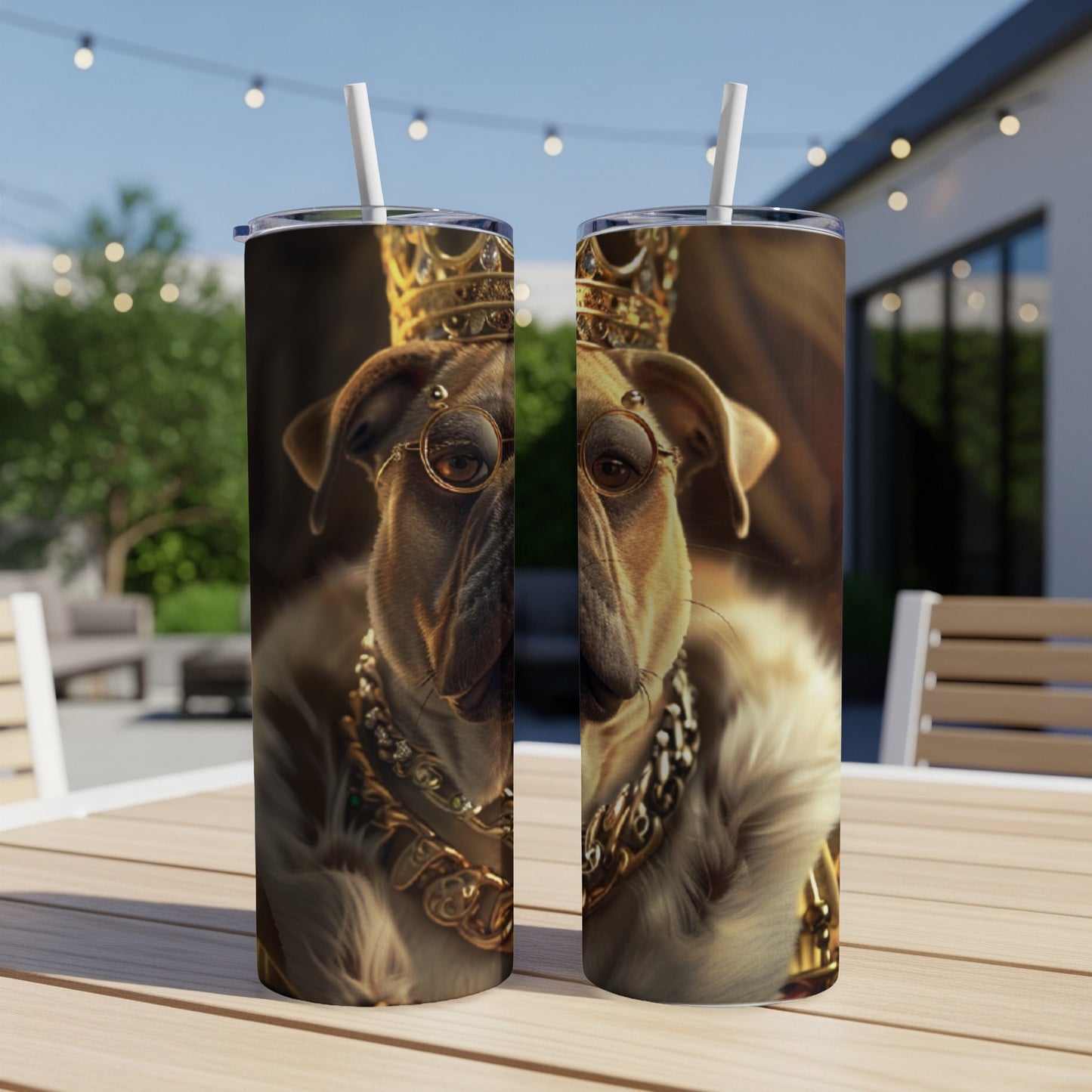 Dog wearing a crown and glasses on a tumbler.