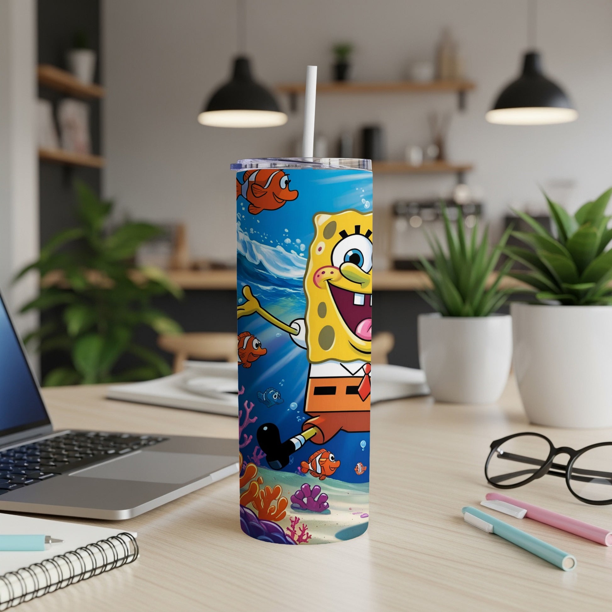 SpongeBob SquarePants character on a blue tumbler with underwater scenery.