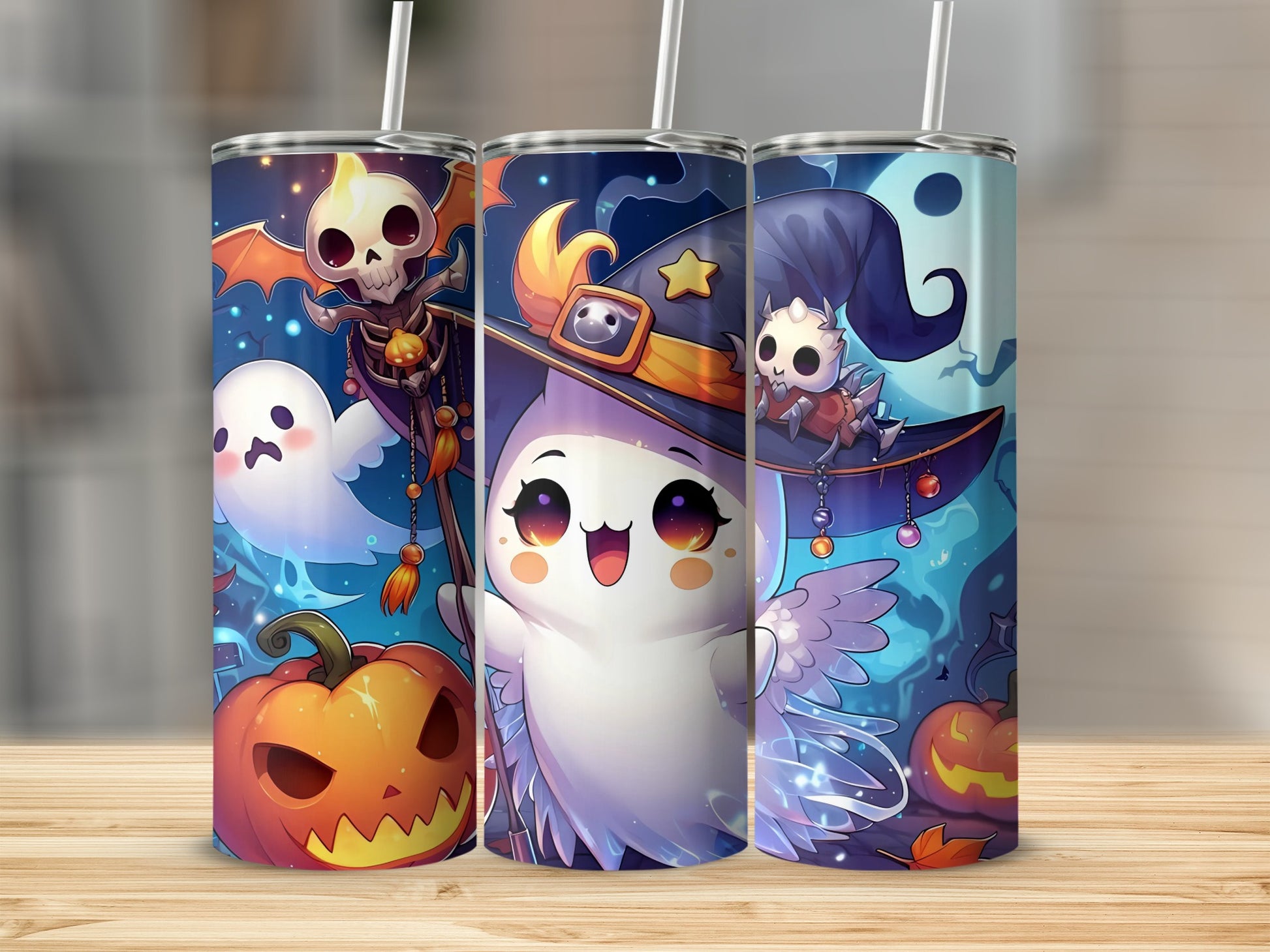 Three tumblers featuring Halloween ghosts, pumpkins, and a skeleton.