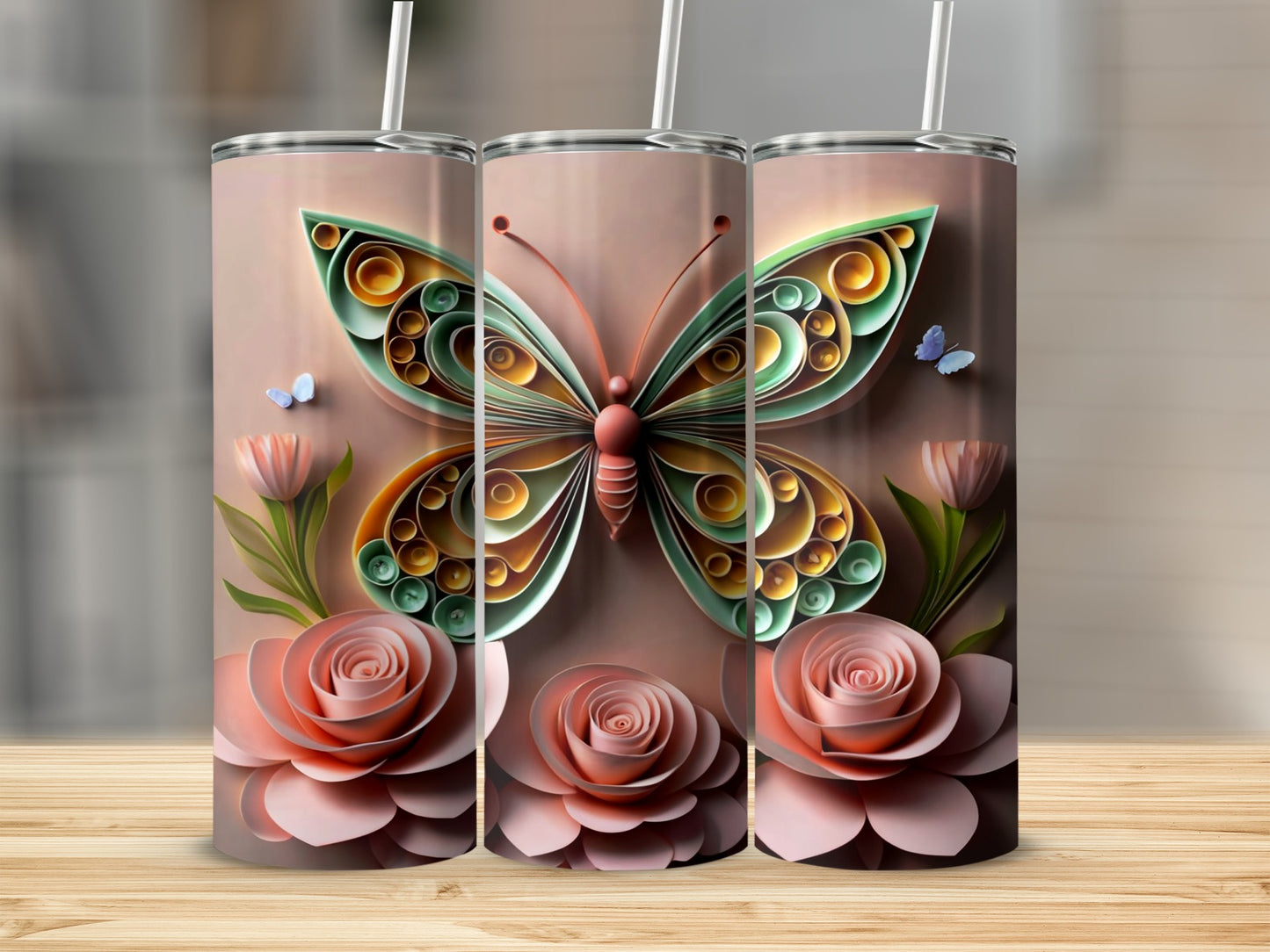 Colorful Abstract Butterfly and Roses Tumbler Design
