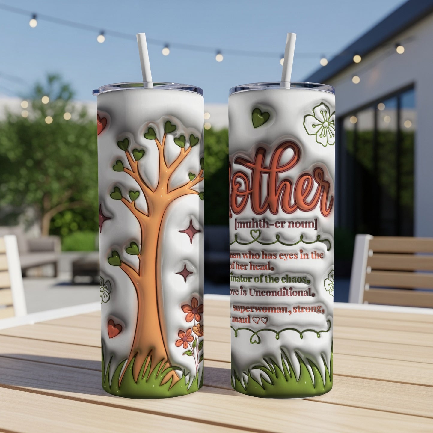 Mother tumbler with tree design and heartwarming definition.
