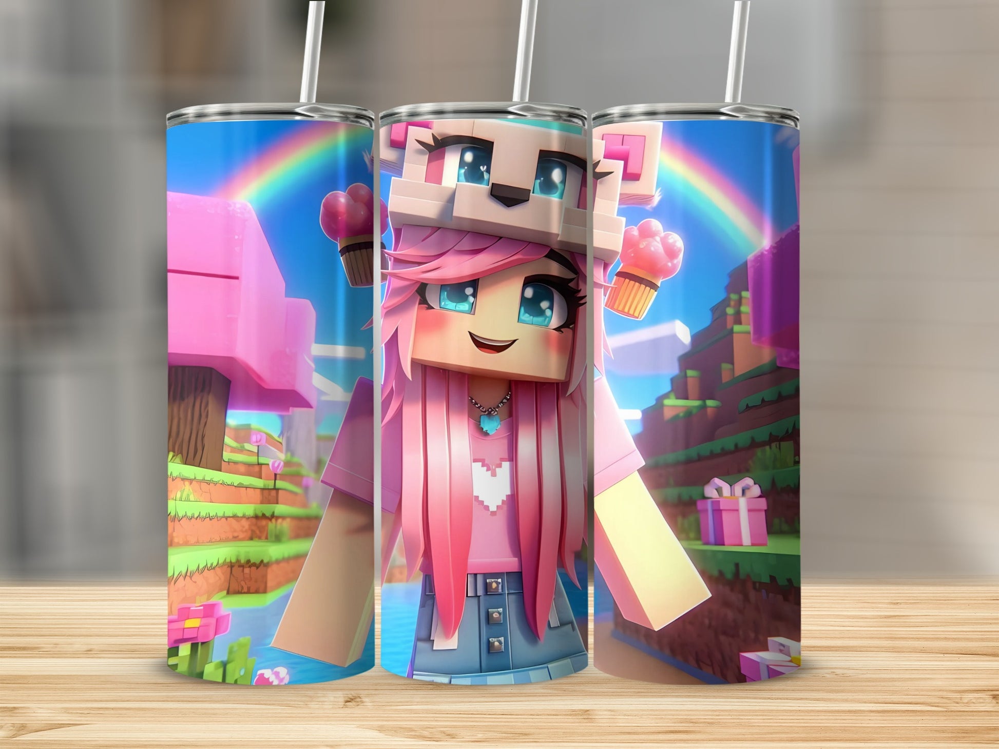 Cute Pink-Haired Girl with Cupcake and Rainbow Tumblers