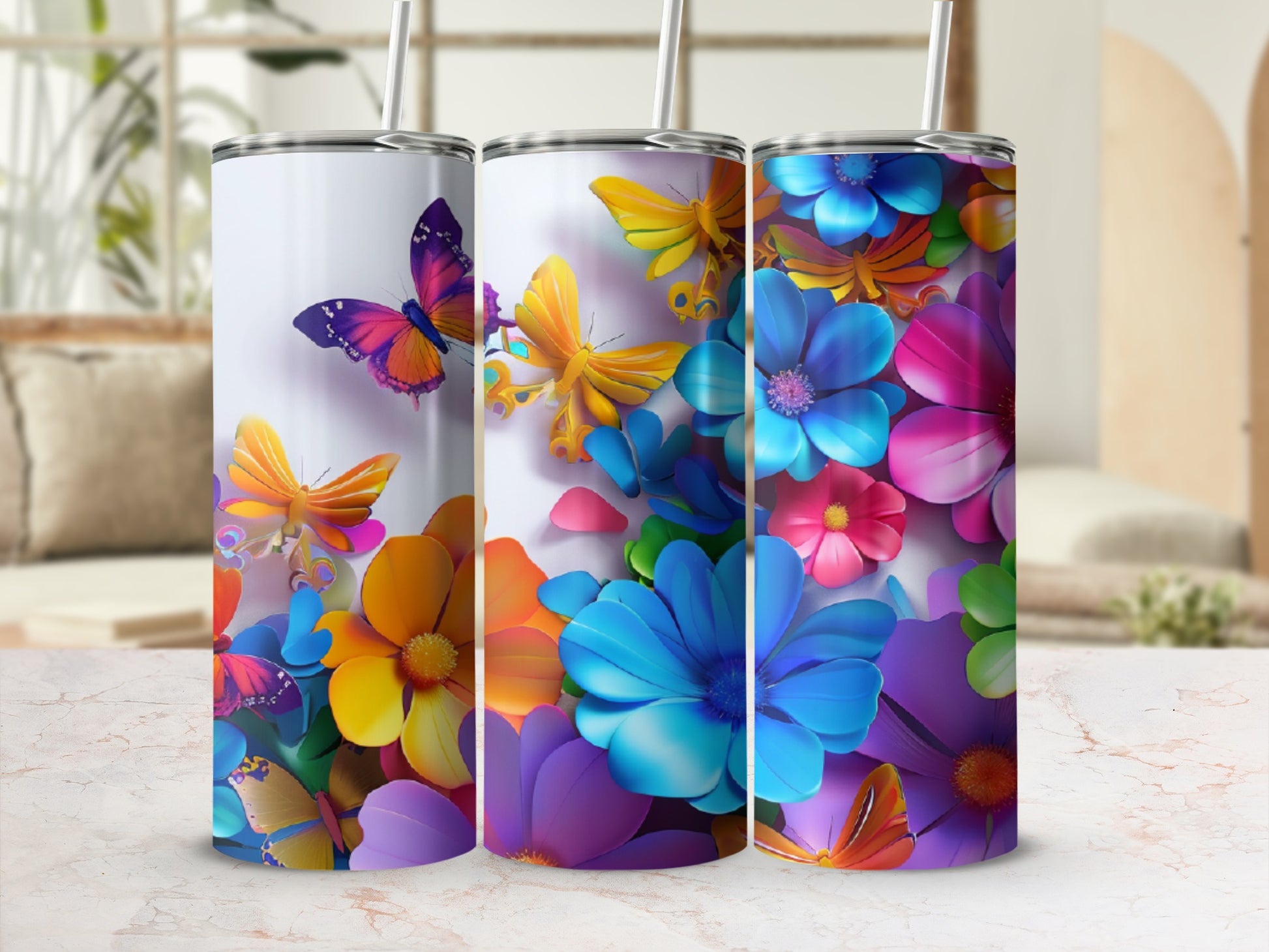 Colorful butterflies and flowers adorn a white tumbler.
