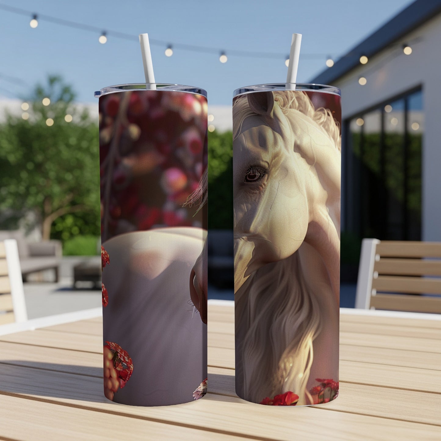 White horse head on a tumbler with red floral accents.
