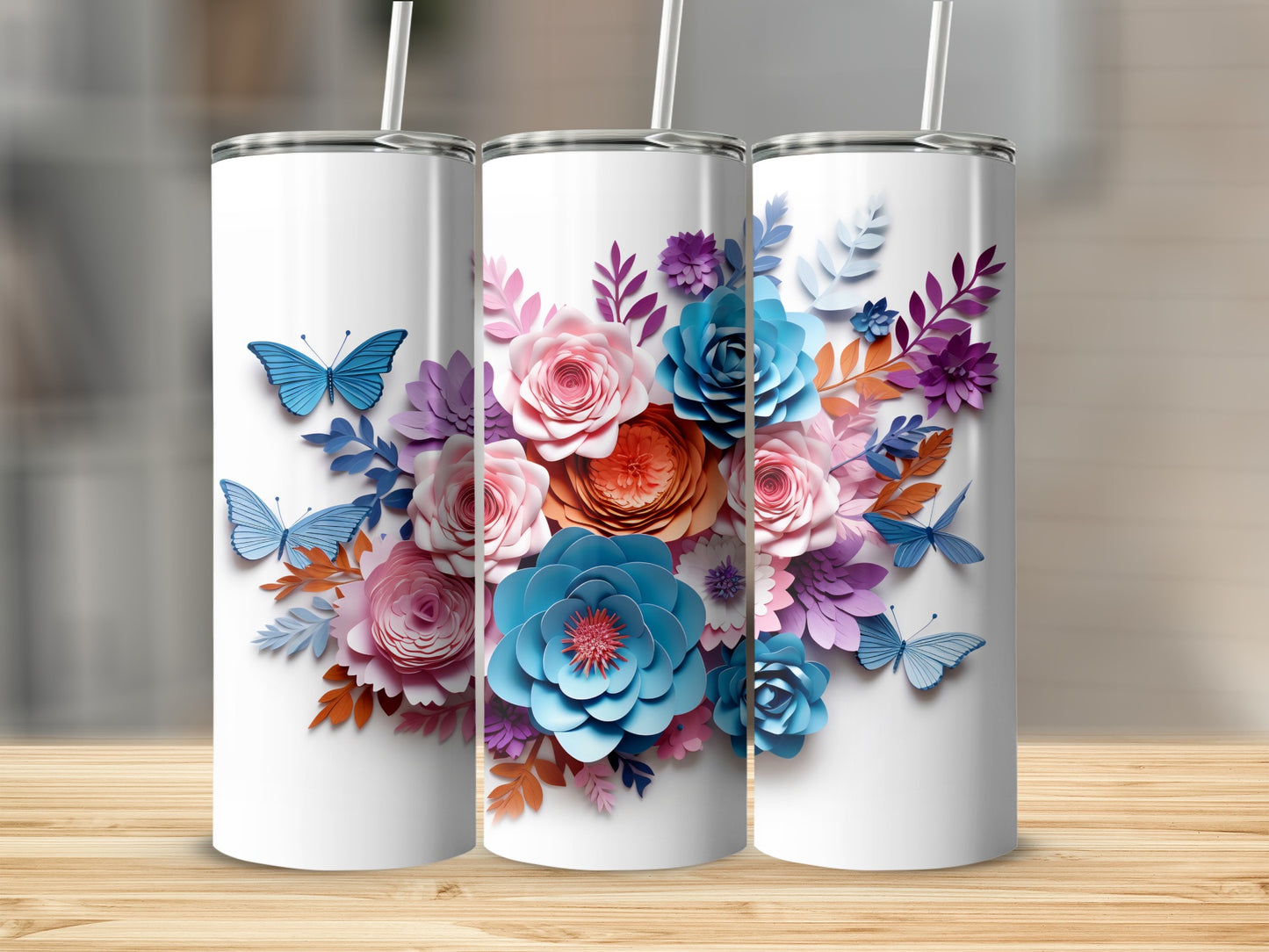 Colorful Floral and Butterfly Design Tumbler