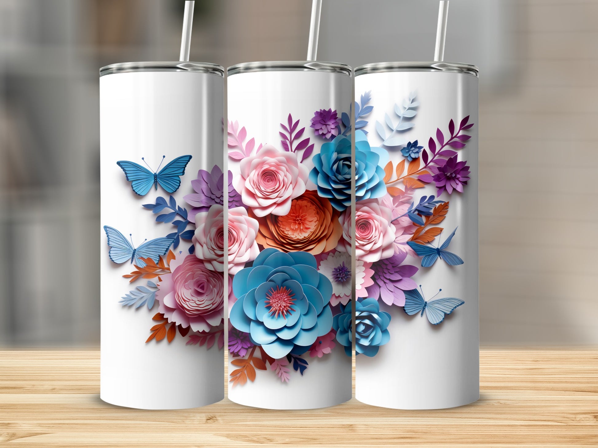 Colorful Floral and Butterfly Design Tumbler