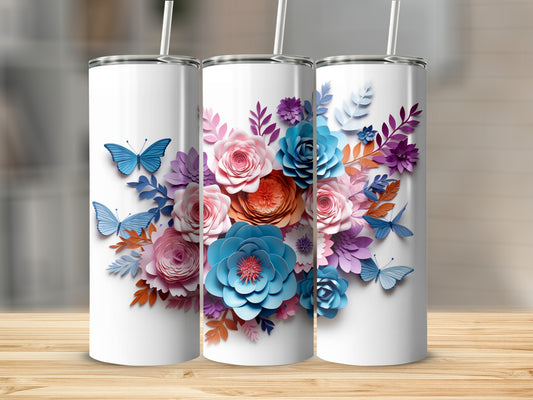 Colorful Floral and Butterfly Design Tumbler