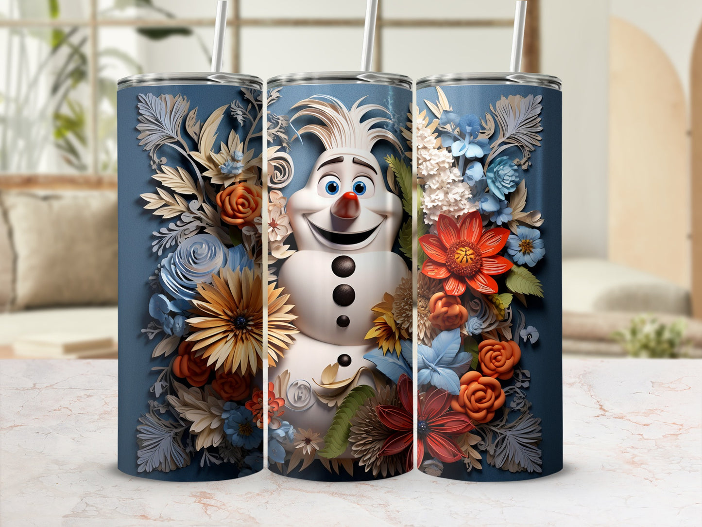 Frozen Snowman and Floral Pattern Tumbler Design
