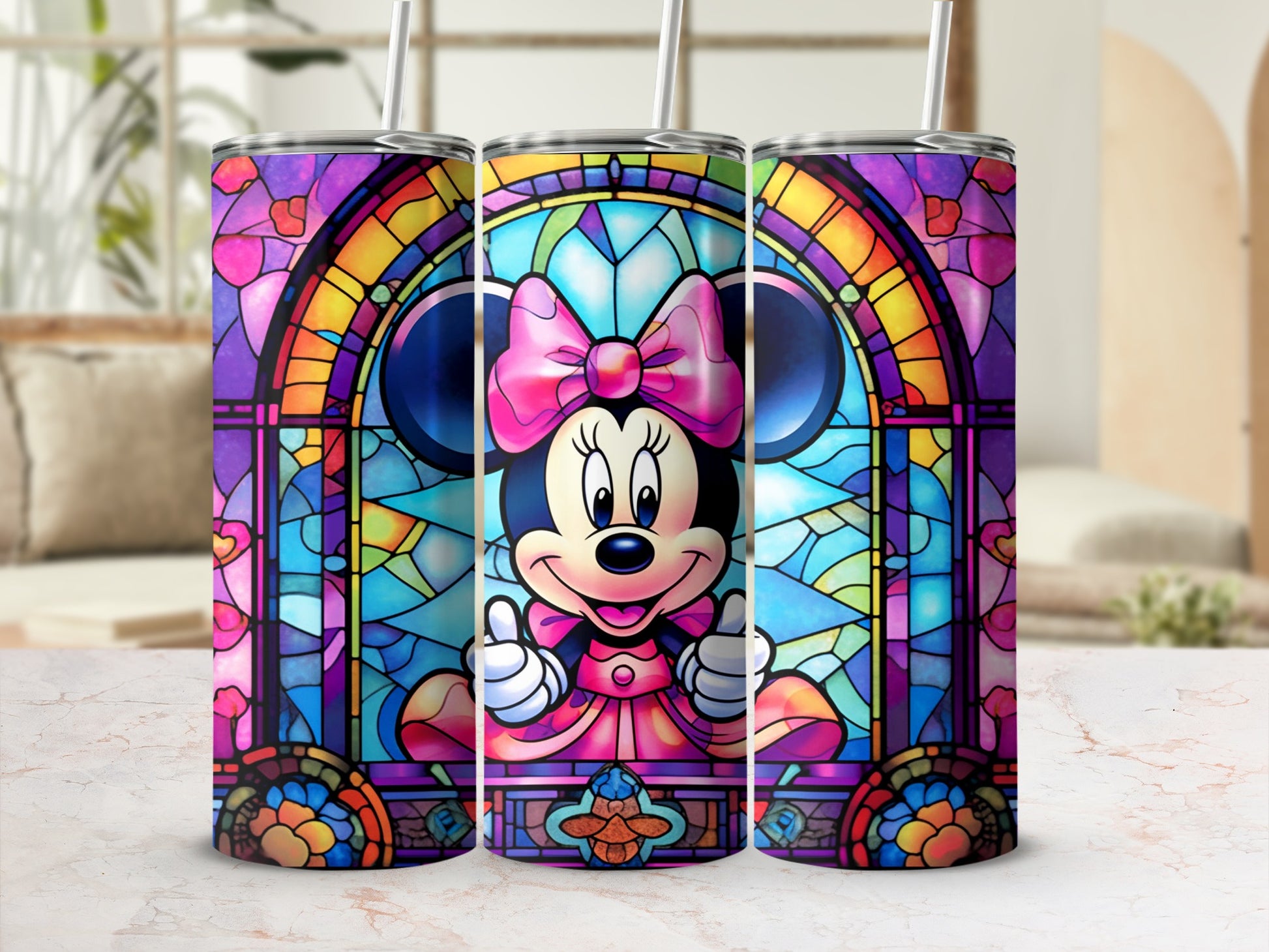 Stained Glass Style Minnie Mouse Tumbler with Straw