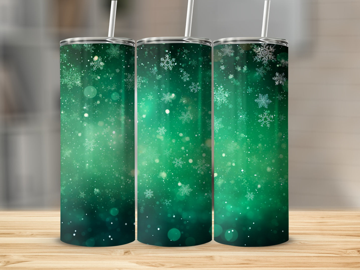 Green Snowflake Design Tumbler with Straw 20oz