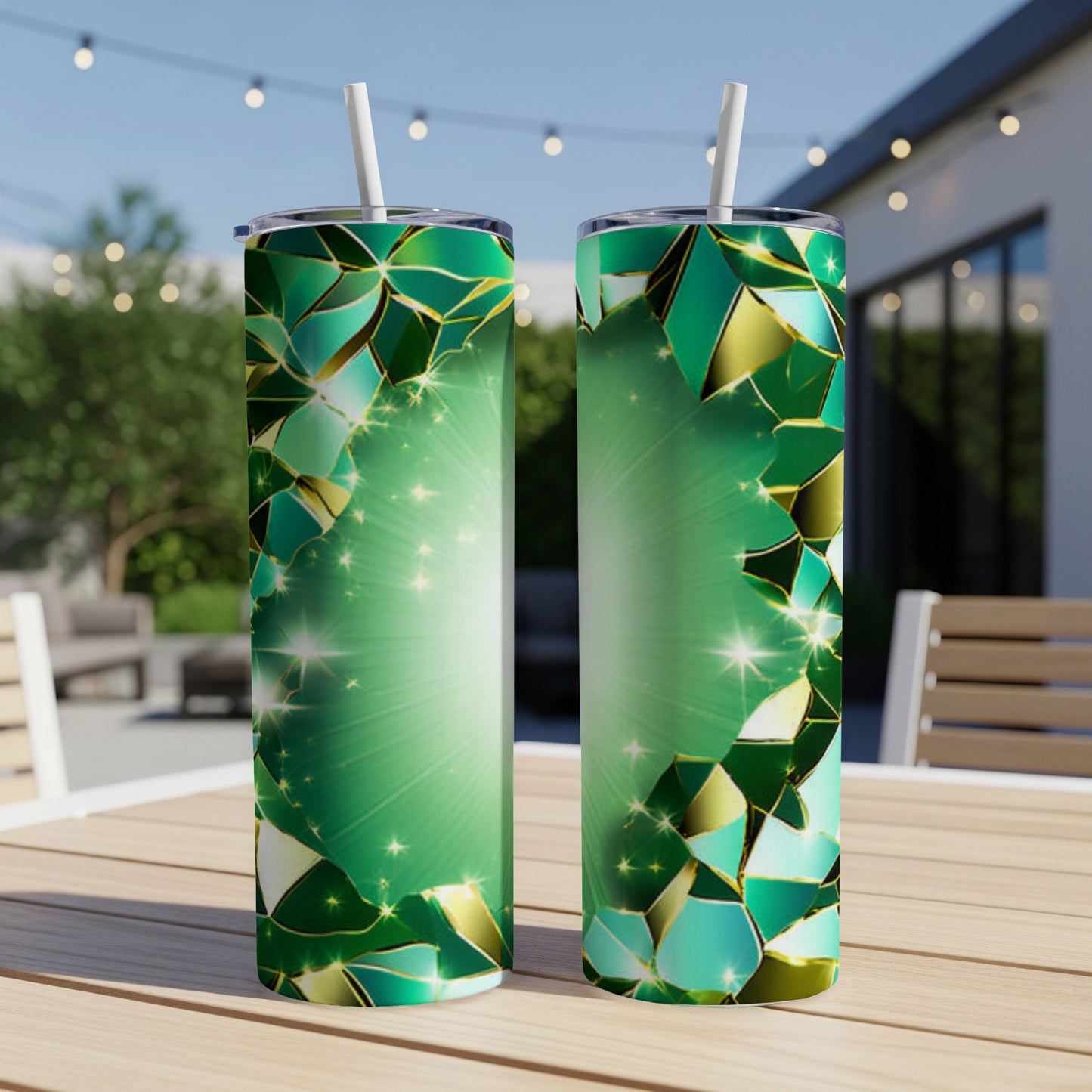 Two green and gold geometric patterned tumblers on a table.