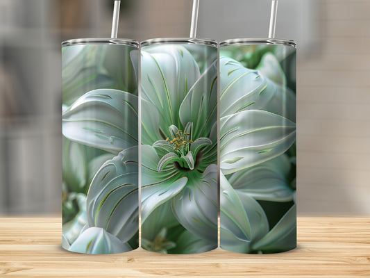Three tall, slender tumblers with a pale green floral design.